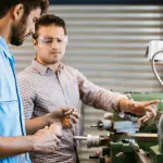 A man and woman in white construction hats perform QA in an industrial testing facility.