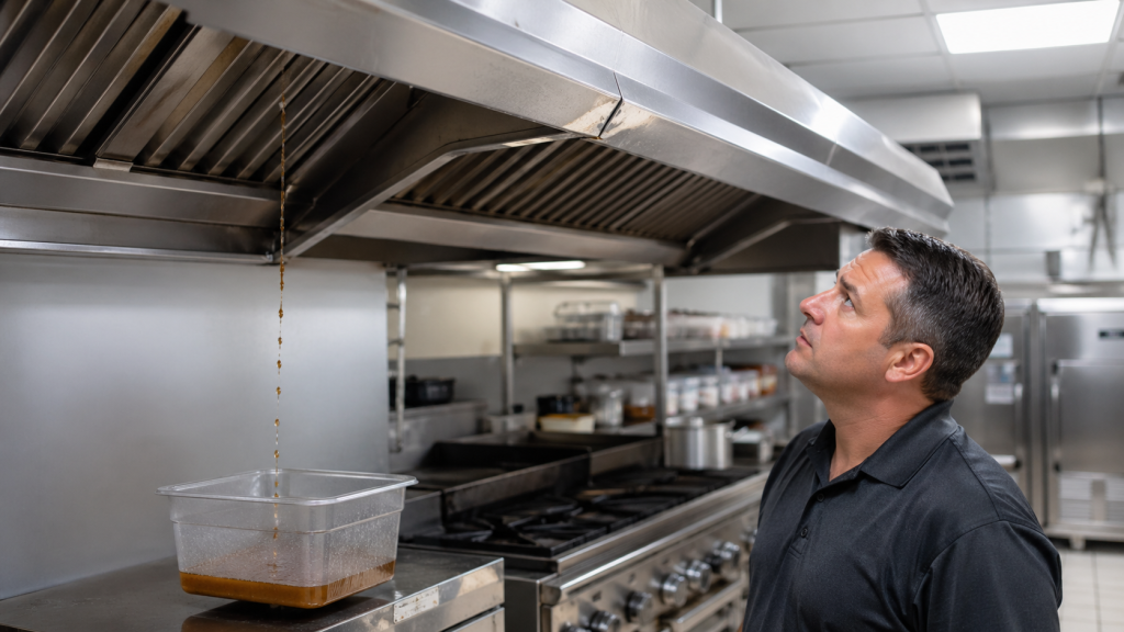 Commercial kitchen exhaust hood leaking brown liquid into a container while a maintenance worker inspects the hood.