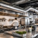 Commercial kitchen with stainless steel round ductwork, exhaust hoods, and chefs at work