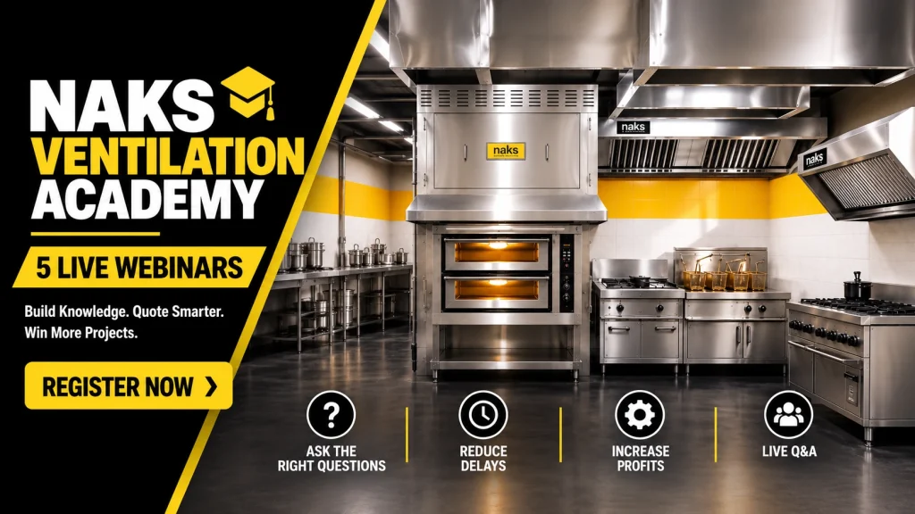 NAKS Ventilation Academy promoting five live commercial kitchen ventilation webinars with expert Q&A.