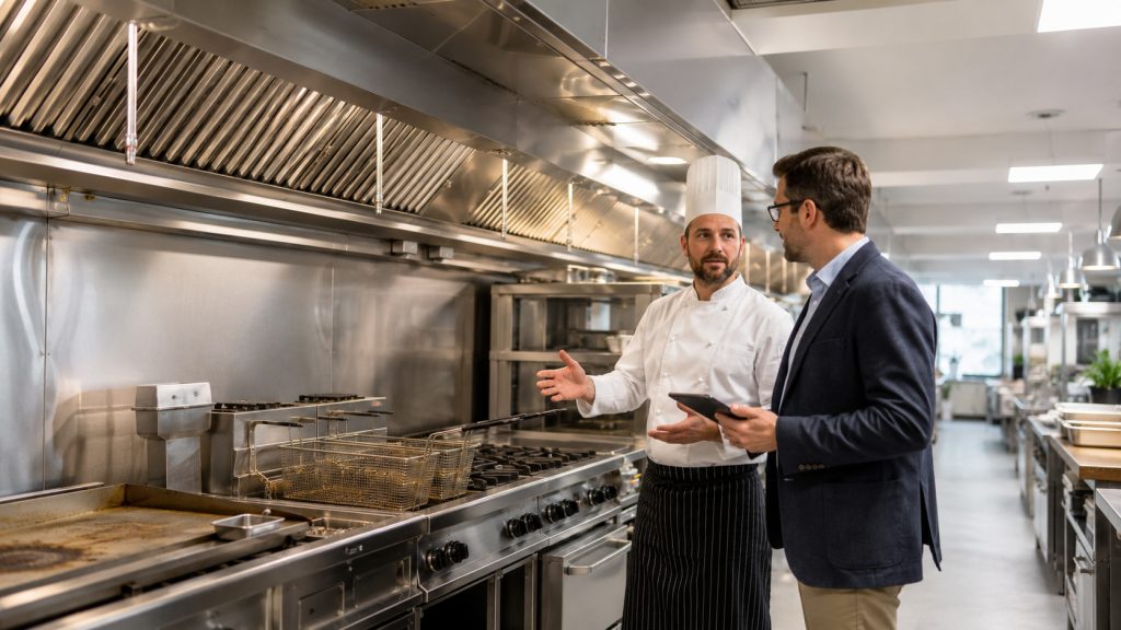 Chef and kitchen manager discussing cooking equipment beneath a commercial kitchen exhaust hood.