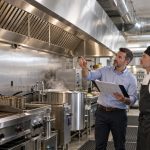 Commercial kitchen designer and chef reviewing Type 1 and Type 2 hood requirements beneath a stainless-steel ventilation system.
